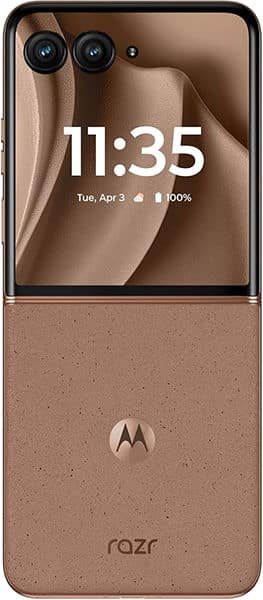 Front view of brown Motorola Razr+ (2025) closed; external screen shows time, date, battery, with dual cameras and logo visible.
