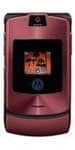 Motorola RAZR V3r, front view, open with screen displaying red interface on burgundy body