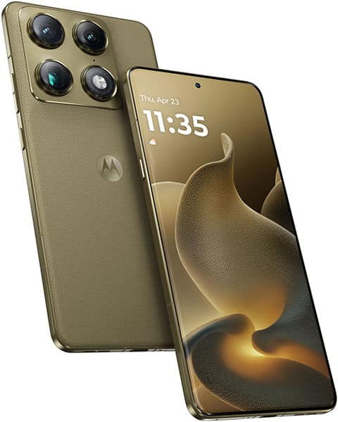 Motorola Signature smartphone shown front and back in sage green, featuring quad rear cameras and lock screen display