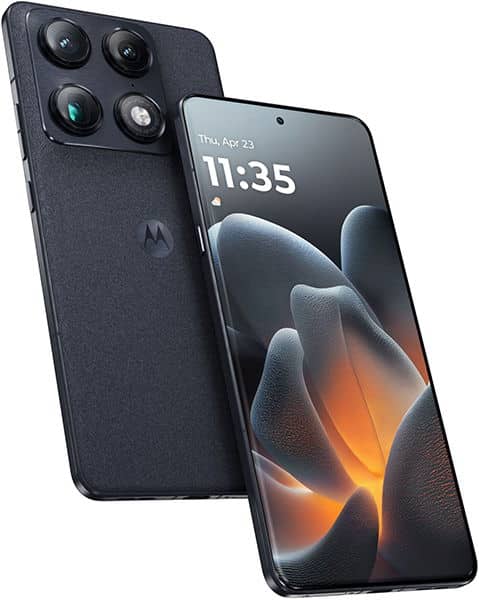 Motorola Signature front and rear view, dark gray phone with quad camera setup and display showing time 11:35