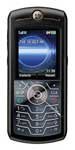 Motorola SLVR L7c front view, black candybar phone with curved keypad and small screen displaying blue wallpaper
