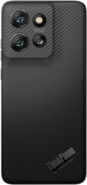 Motorola ThinkPhone 25 rear view, showing carbon fiber texture and triple camera array with flash