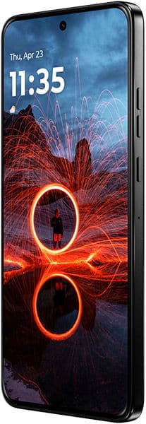Motorola ThinkPhone 25 front view displaying time 11:35 on screen with red and blue abstract wallpaper design