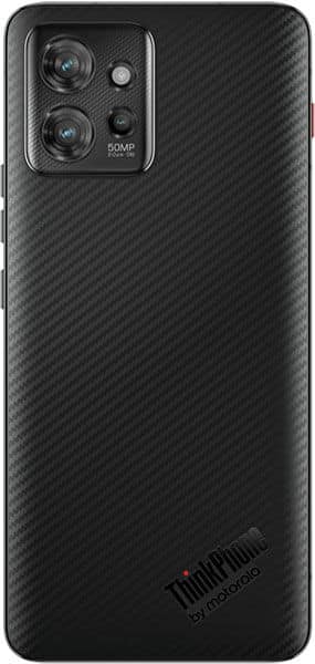 Motorola ThinkPhone rear view, showing dual camera setup and carbon fiber back panel with ThinkPhone branding
