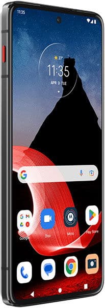 Motorola ThinkPhone front view with display on, showing lock screen with time, Google search bar, and app icons at bottom