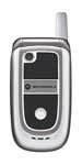 Motorola V235 flip phone, front view, silver and black with external display and camera lens visible