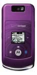 Motorola w755 phone, front view, purple clamshell design with small screen and keypad visible