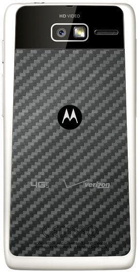 Motorola DROID RAZR M rear view, white phone with black carbon fiber back, dual cameras, and Motorola logo