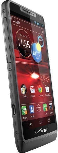 Motorola DROID RAZR M front view with illuminated screen displaying home screen widgets, time, weather, and app icons on red interface