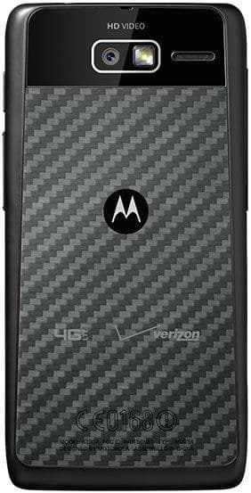 Motorola DROID RAZR M rear view, showing black carbon fiber back, HD video camera, Motorola logo, and Verizon branding