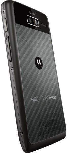 Motorola DROID RAZR M rear view, showing black textured back panel with Motorola logo and camera