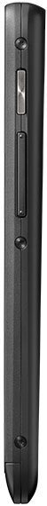 Motorola DROID RAZR M, side view of closed phone showing curved black profile with buttons and speaker grille