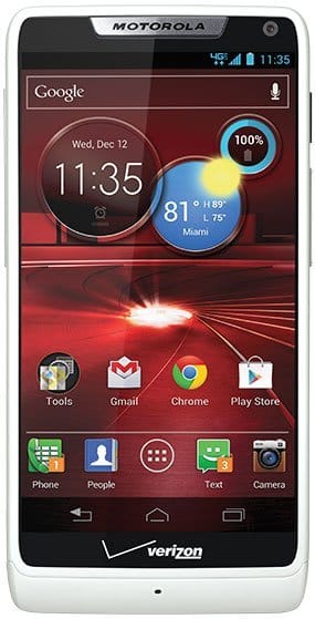 Motorola DROID RAZR M front view with red wallpaper, displaying time 11:35, weather widget, and home screen app icons including Google, Gmail, Chrome, and Phone