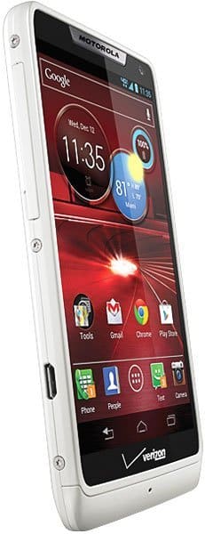 Motorola DROID RAZR M smartphone, white, shown from front-right angle displaying home screen with widgets and app icons