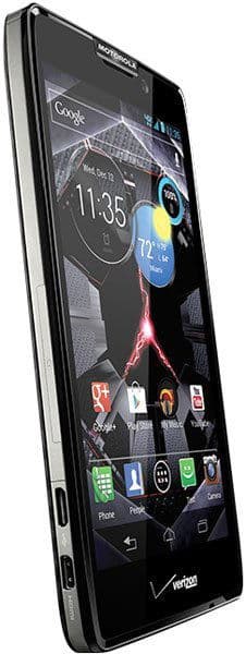 Motorola DROID RAZR HD (black) front angled view, showing Verizon logo, home screen apps, clock at 11:35, and weather.