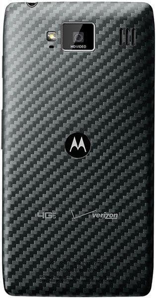 Rear view of Motorola DROID RAZR HD showing carbon fiber back, camera, flash, speaker, Motorola logo, 4G LTE, and Verizon branding.