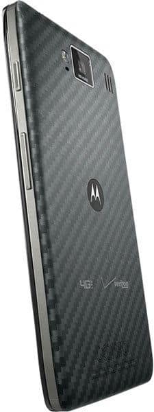 Rear view of Motorola DROID RAZR HD showing textured dark grey back, side buttons, rear camera, and Verizon branding.