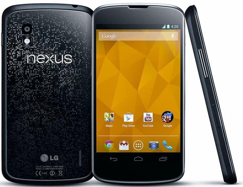 LG Nexus 4 shown from rear, front, and side views displaying home screen with Google search bar and app icons