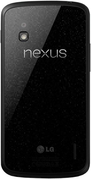 LG Nexus 4 rear view, showing textured gray upper half, black lower half with "nexus" text, camera lens, and LG logo