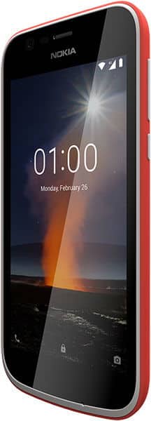 Nokia 1 smartphone front view, red trim, displaying time 01:00 and date on dark screen