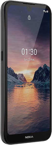 Front view of black Nokia 1.3 showing lock screen with 01:30 time, 23 Feb date, and a sunset mountain lake wallpaper.