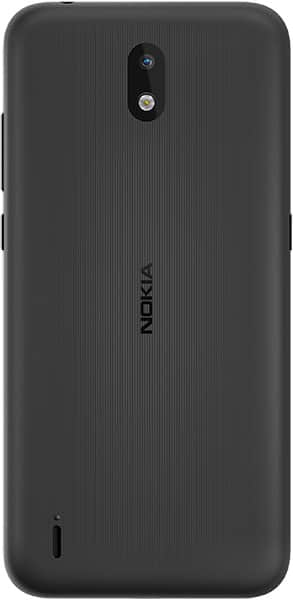 Rear view of matte black Nokia 1.3 with top-center camera and flash, central Nokia logo, and lower left speaker opening.