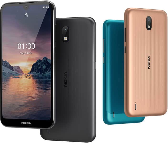 Black Nokia 1.3 showing front display, teal and copper models displayed at rear for side-by-side comparison.
