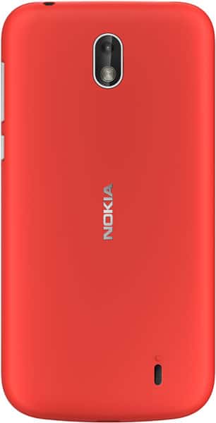 Nokia 1 smartphone rear view, bright red back panel with camera lens and Nokia branding visible