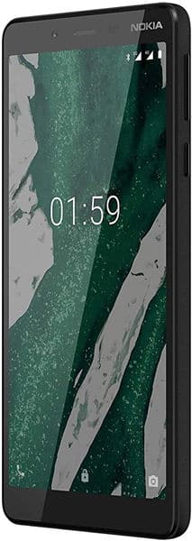 Nokia 1 Plus smartphone, front view, displaying home screen with time 01:59 and green wallpaper