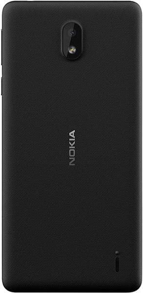 Nokia 1 Plus rear view, black textured back with camera lens and Nokia branding