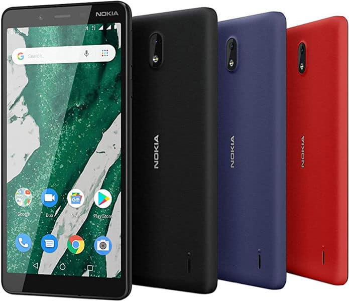 Nokia 1 Plus front and rear views in black, blue, and red color variants, displaying home screen with Google search bar