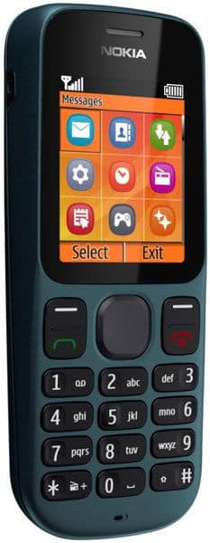 Nokia 100 phone front view, with colorful app grid on screen and physical keypad below