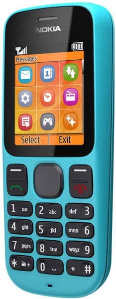 Nokia 100 mobile phone, front view, cyan blue and black with colorful app grid display and numeric keypad