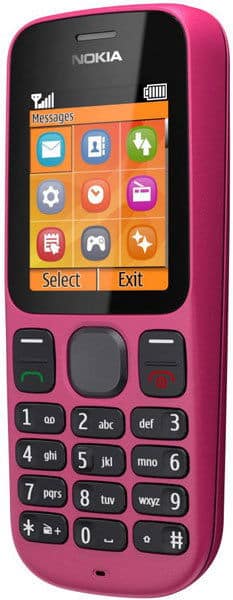 Nokia 100 front view, pink phone with black screen displaying app icons and numeric keypad below