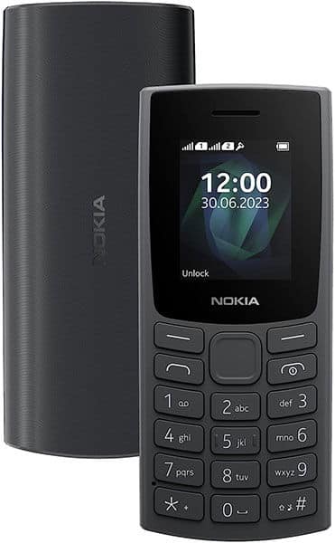 Nokia 105 (2023) front view with small display screen and physical keypad, shown alongside its black cylindrical case