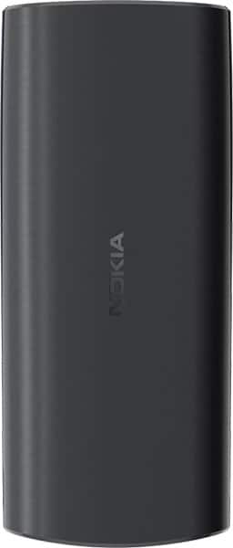 Nokia 105 (2023) rear view, black cylindrical phone body with Nokia branding visible