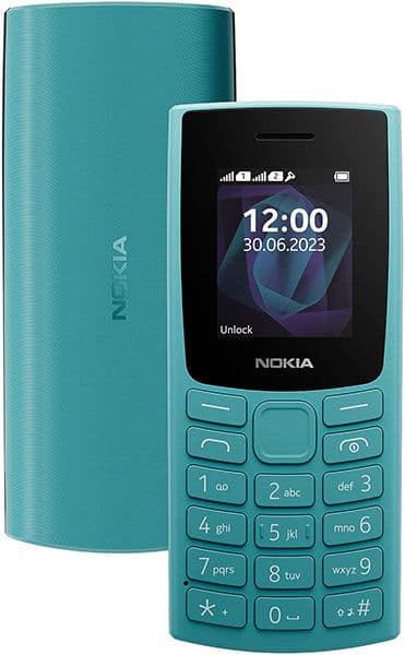 Nokia 105 (2023) in teal, shown front and rear, with screen displaying time and date
