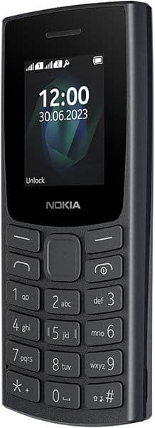 Nokia 105 (2023) front view, black candybar phone with small screen displaying time and date, physical keypad, and "Unlock" button below screen