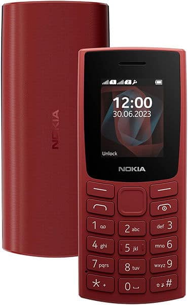 Nokia 105 (2023) in red, front view showing display with time and date, numeric keypad, and side view of cylindrical body