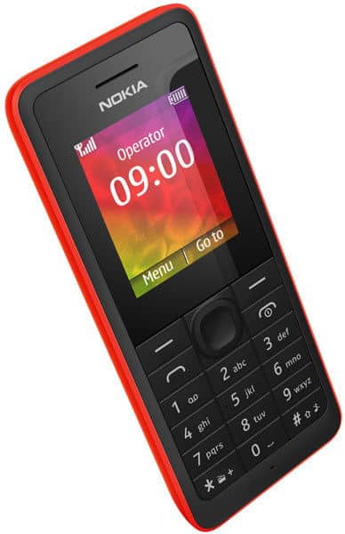 Nokia 106 front view, red and black phone with numeric keypad and display showing time 09:00