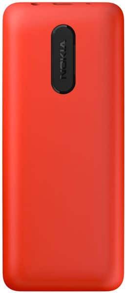 Nokia 106 rear view, red phone with black camera module and Nokia branding