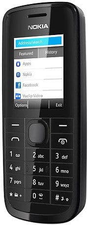 Nokia 109 front view, black phone with blue screen displaying menu options and physical keypad below