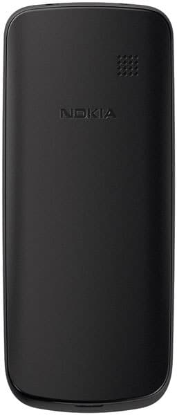 Nokia 109 rear view, black basic mobile phone with textured back and curved edges