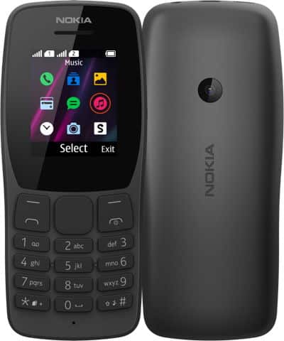 Nokia 110 (2019) front and rear views, black candybar phone with small screen, numeric keypad, and camera on back