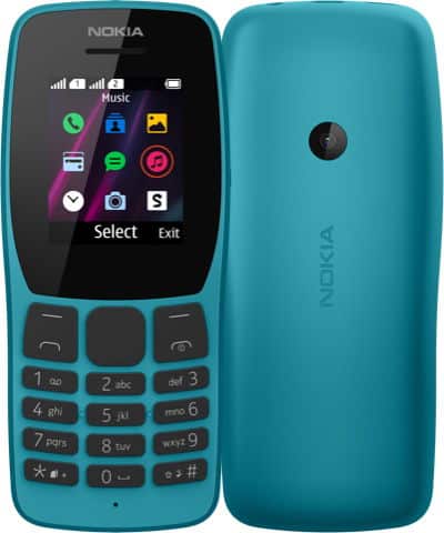 Nokia 110 (2019) phone shown front and back, turquoise with black screen displaying app icons and physical keypad buttons