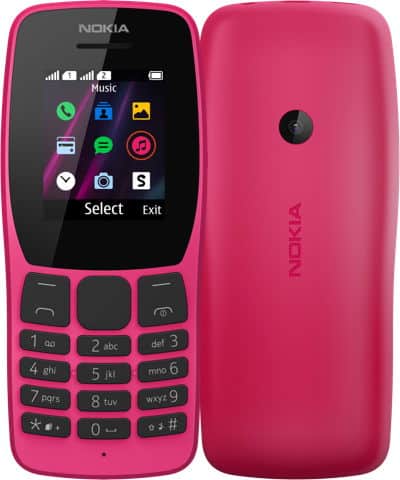 Nokia 110 (2019) phone shown from front and rear, bright pink with small screen displaying apps and physical keypad below