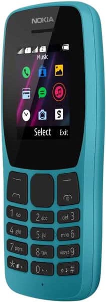 Nokia 110 (2019) front view with turquoise body, small screen displaying colorful app icons, and physical keypad below