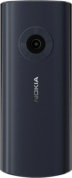 Nokia 110 4G (2023) rear view, showing dark blue cylindrical body with camera lens and Nokia branding