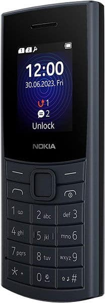 Nokia 110 4G front view with black screen displaying time, date, and unlock prompt above numeric keypad