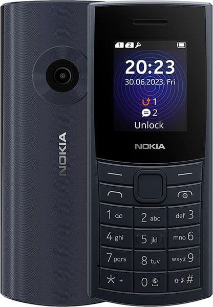 Nokia 110 4G (2023) front and side view, displaying time and date on screen with numeric keypad below